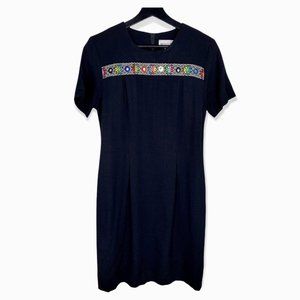 Vintage 90s Black Multicolor Floral Embroidered Dress Medium